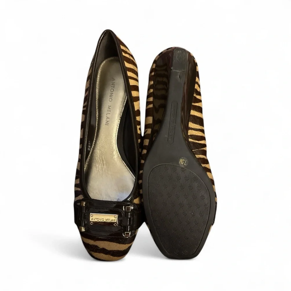 Antonio Melani Brown & Gold & Zebra, Gold Logo Cowhide Heels Women's Size 7.5